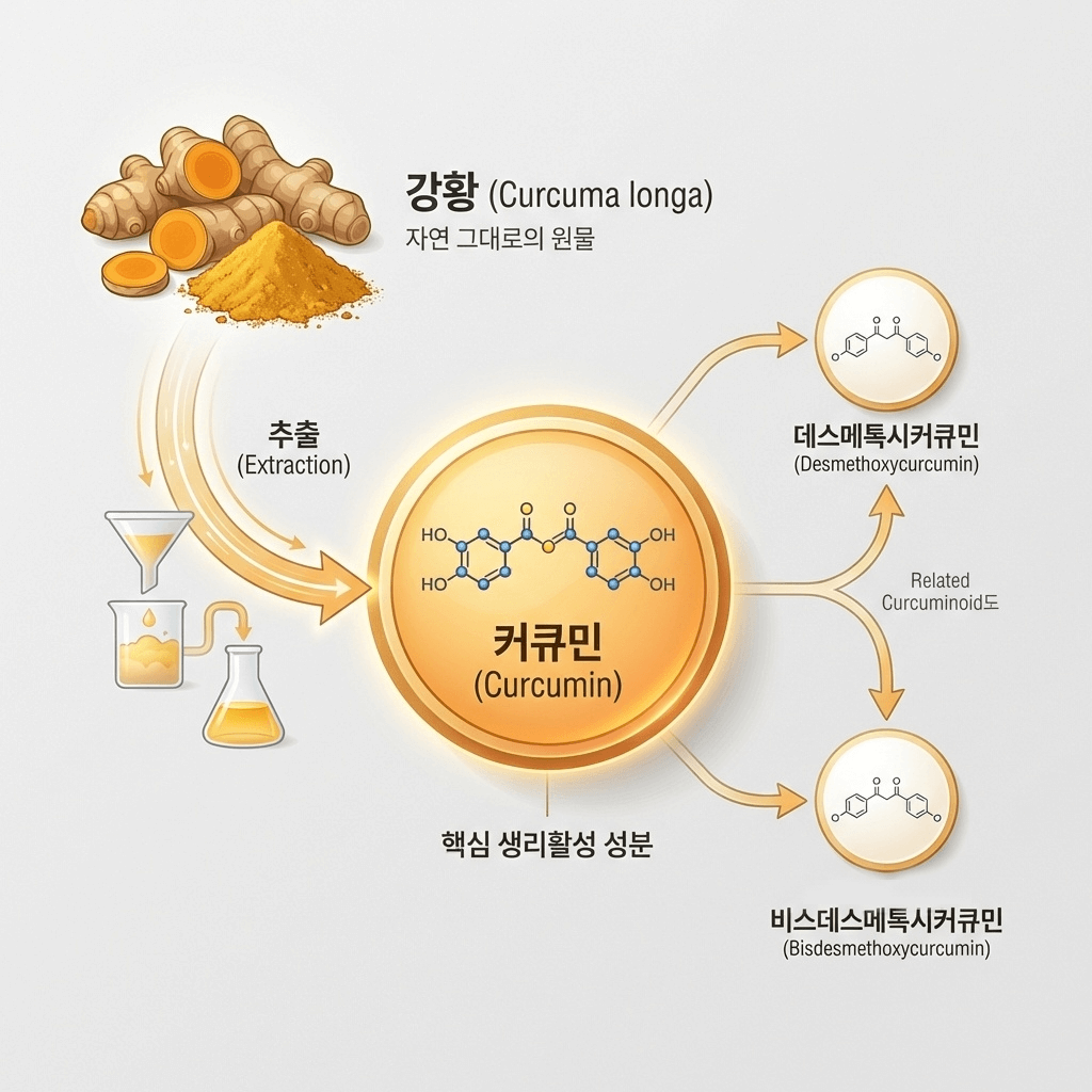 강황과 커큐민 성분 관계를 보여주는 개념도