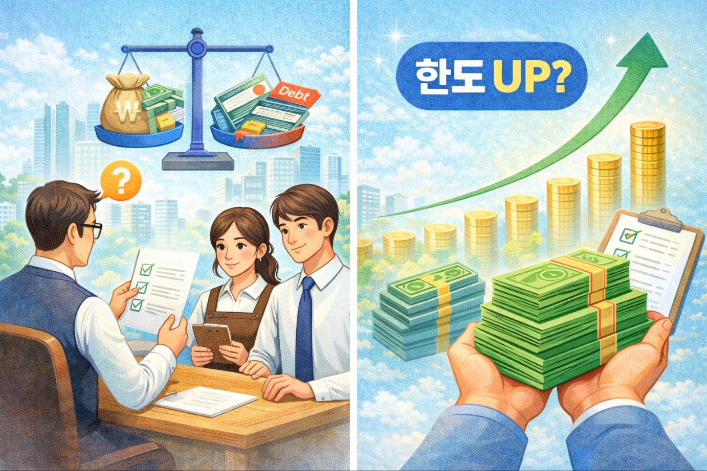 대출 상담 과정에서 소득 증빙 서류와 DSR 기준을 확인하는 금융 상담 장면 이미지