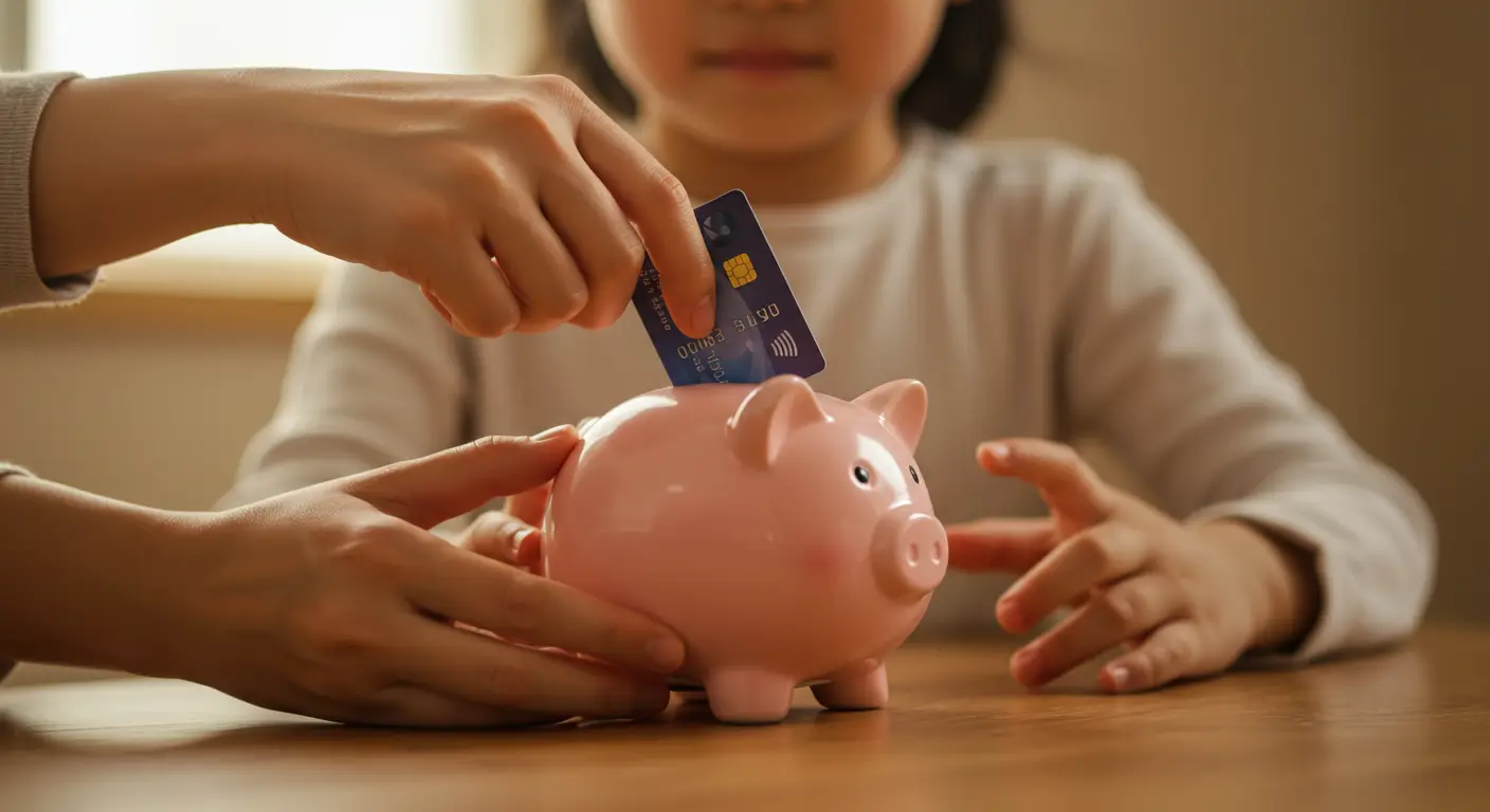 한 부모가 아이에게 민생회복 소비쿠폰 카드를 보여주며 아이의 돼지 저금통에 함께 넣어주는 행복한 모습