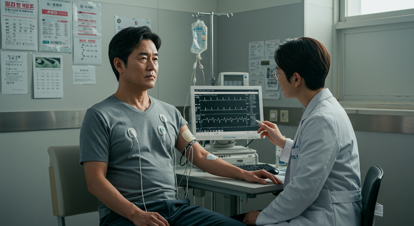 의사와 심전도 검사를 받는 중년 남성
