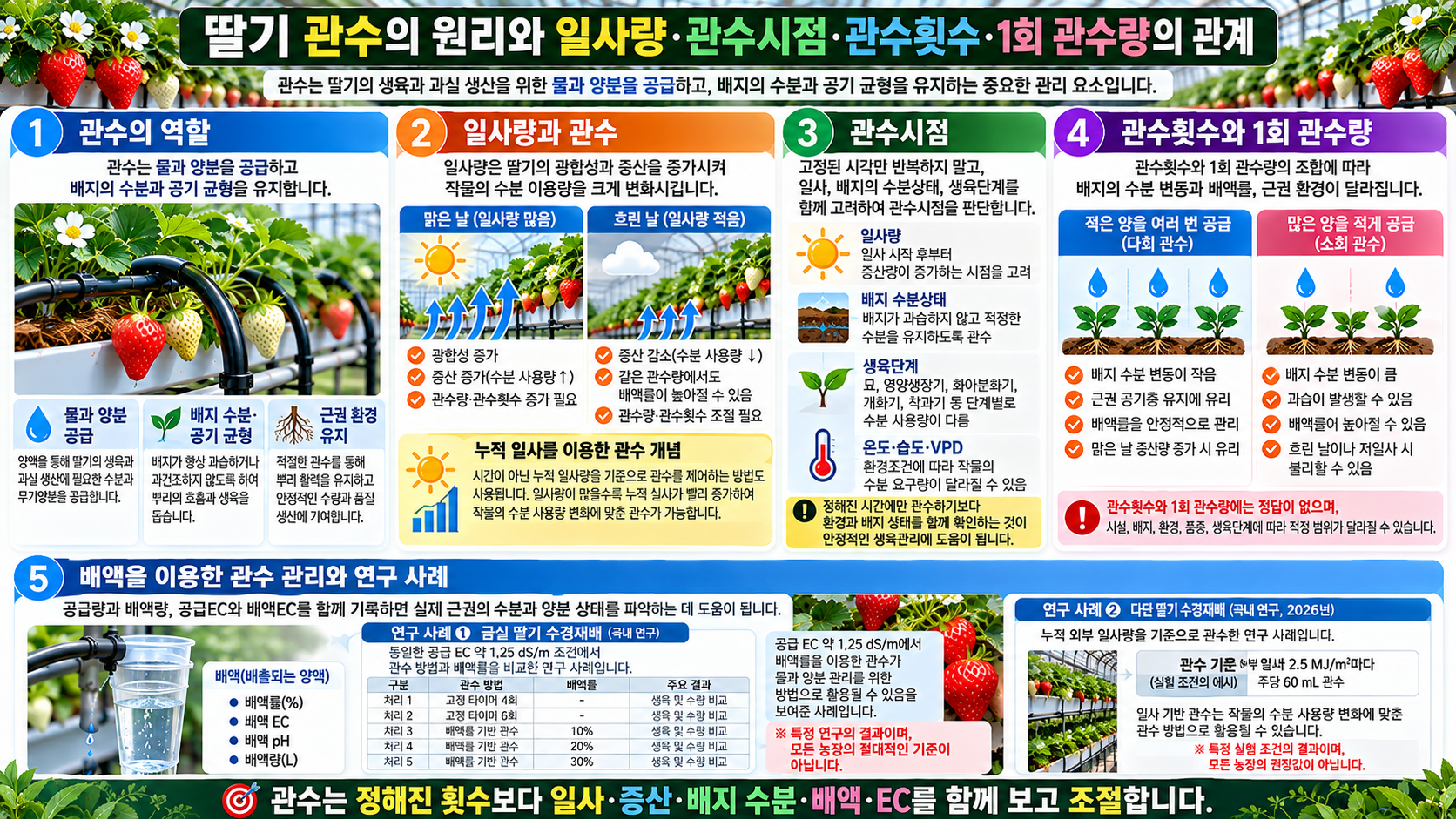 딸기 관수의 원리와 일사량&middot;관수시점&middot;관수횟수&middot;1회 관수량의 관계