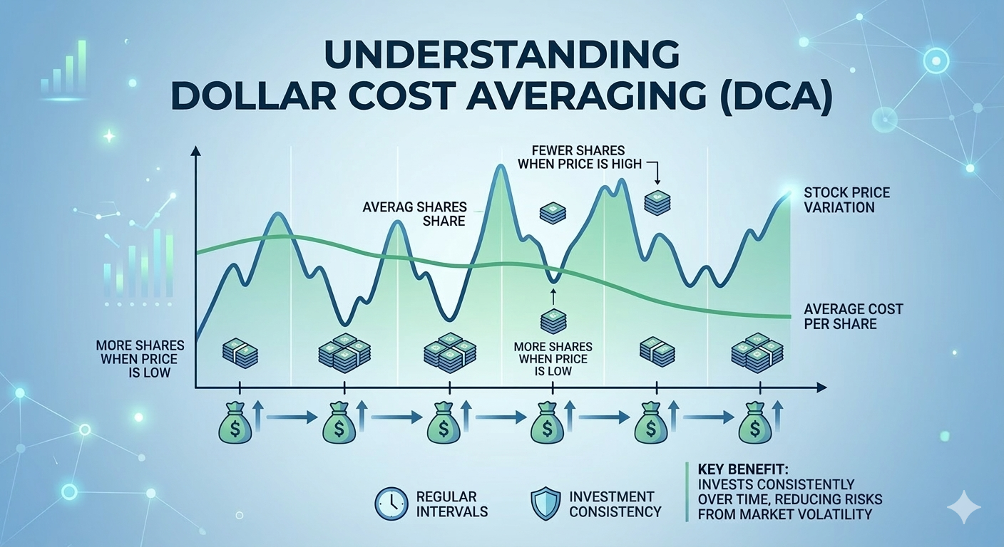 DCA(정액 분할 매수법)의 원리를 설명하는 인포그래픽. 주가 등락 그래프와 함께 주기적인 투자 시점, 주가에 따른 매수 수량의 변화, 그리고 점진적으로 하향 안정화되는 평균 단가 곡선을 시각화함.