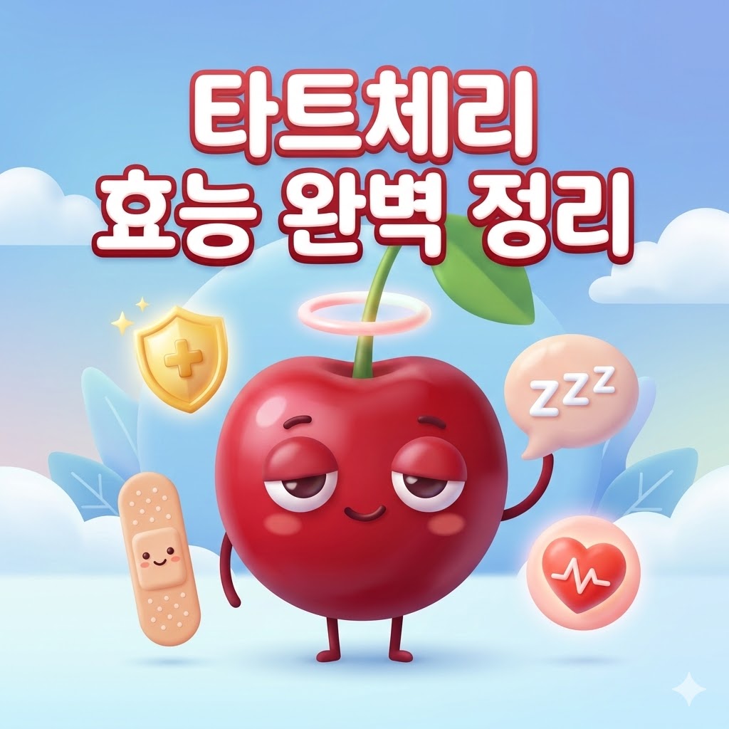 평온한 모습의 귀여운 타트체리 캐릭터가 수면, 통증 완화, 항산화 등 다양한 효능을 상징하는 요소들과 함께 있는 3D 카툰 일러스트. '타트체리 효능 완벽 정리'라는 문구가 강조되어 있다.