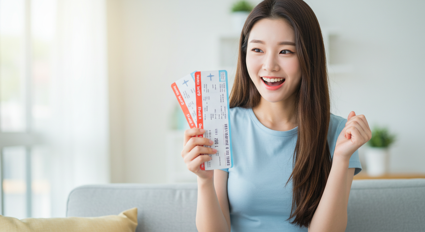 여성이 구매한 저렴한 항공권을 보면서 웃으며 신나하고 있다