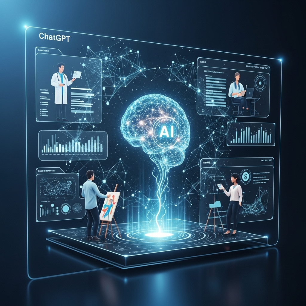 2026년 AI 트렌드를 시각화한 이미지로, 챗GPT를 넘어선 초개인화 및 산업별 특화 AI 서비스의 미래를 보여주는 추상적인 디지털 네트워크와 인간 상호작용.