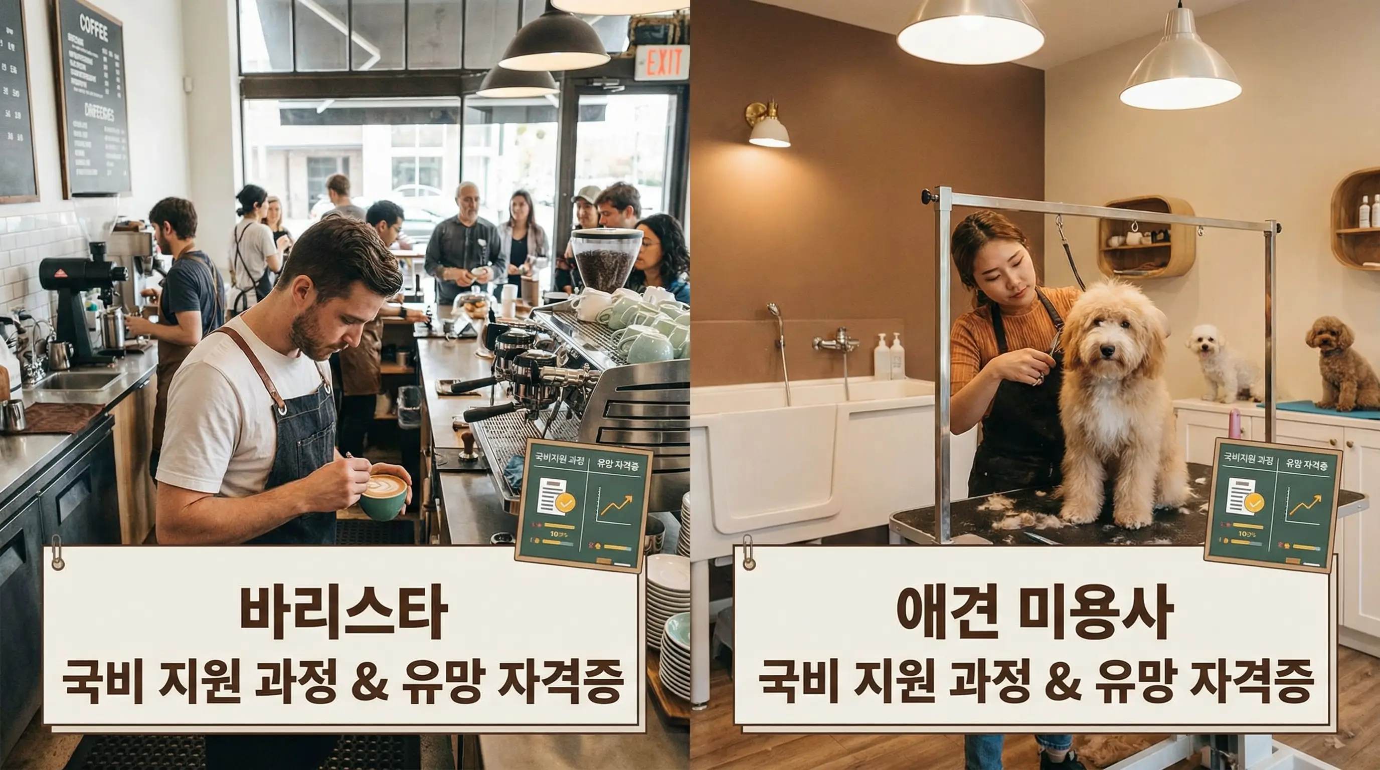 바리스타와 애견 미용사 직업을 나란히 보여주며 국비 지원으로 배울 수 있는 유망 기술 자격증을 비교하는 이미지