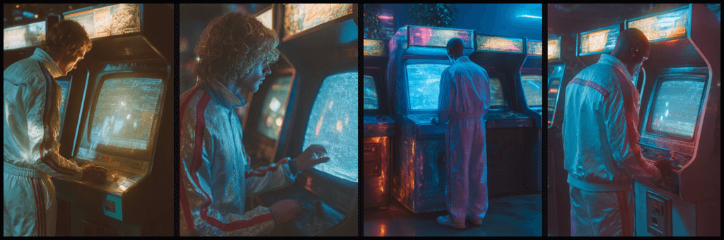 80년대 복장과 네온 홀로그램이 공존하는 레트로퓨처리즘적 공간