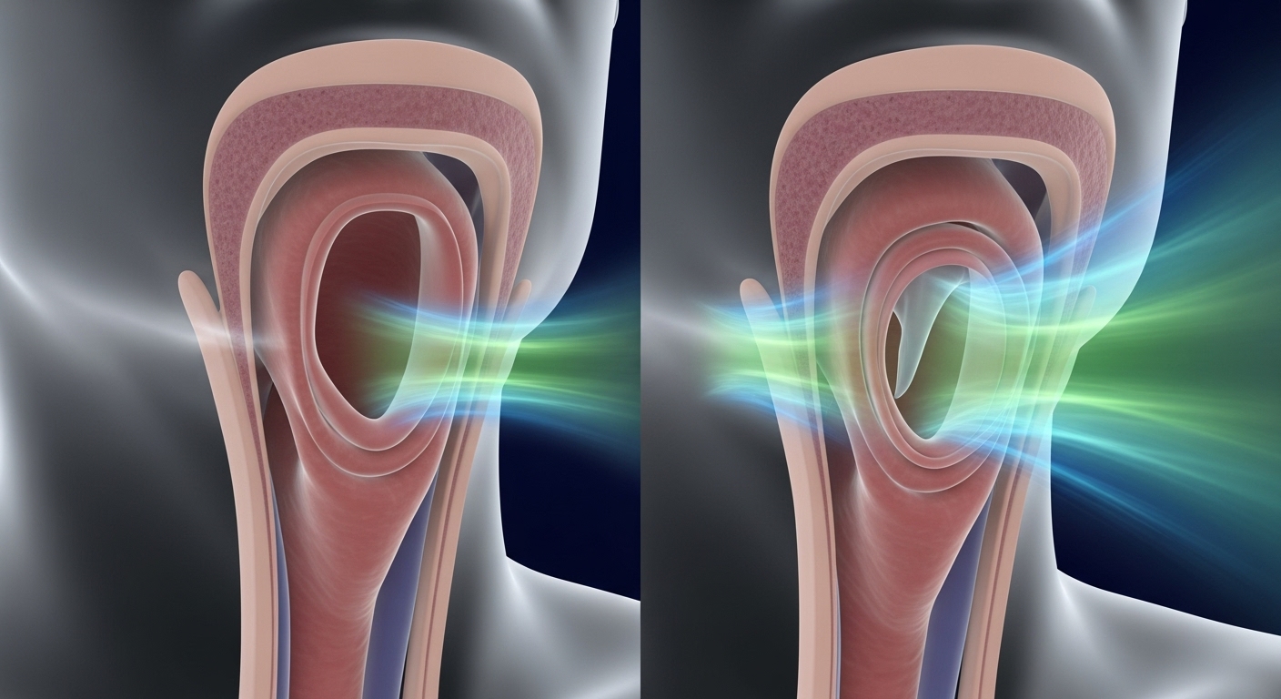 수면 중 기도의 열린 상태와 좁아진 상태를 대비하여 보여주는 해부학적 이미지. 정상 호흡과 코골이/무호흡의 차이를 설명합니다.