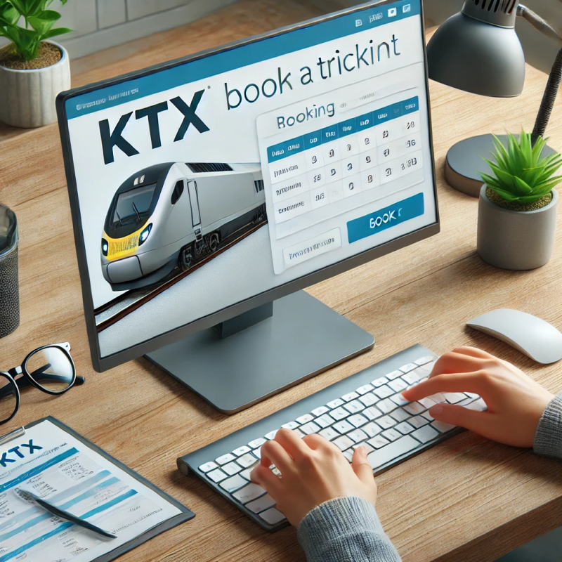 데스크톱 컴퓨터를 이용해 KTX 티켓을 예약하는 사용자의 사실적인 모습. 깔끔하고 전문적인 환경