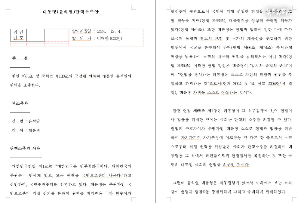 윤석열 탄핵소추안 공개 전문 "대통령 윤석열의 탄핵을 소추한다"