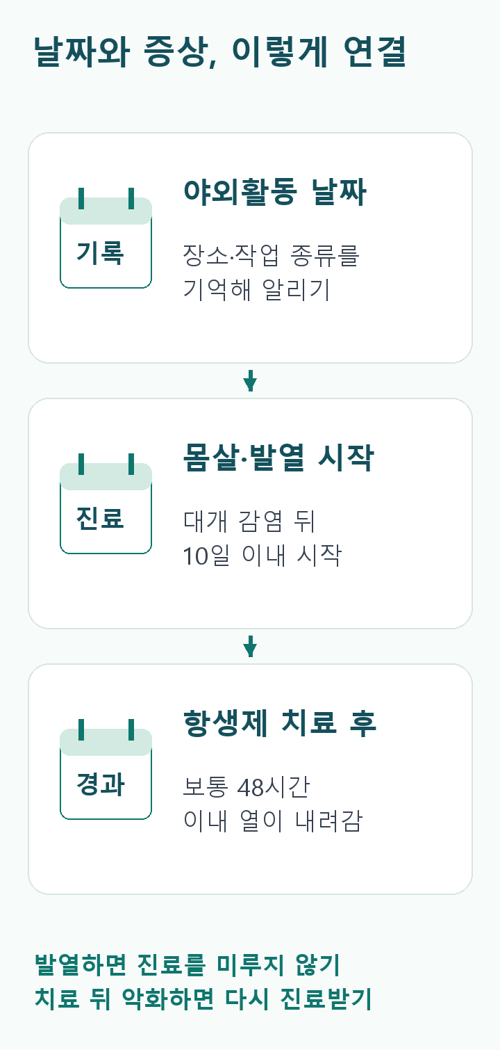 야외활동 날짜를 기록하고 감염 뒤 대개10일 이내 증상이 생길 수 있음. 발열하면 진료. 적절한 항생제 치료 뒤 보통48시간 이내 해열하며 이틀을 기다리는 규칙이 아님.