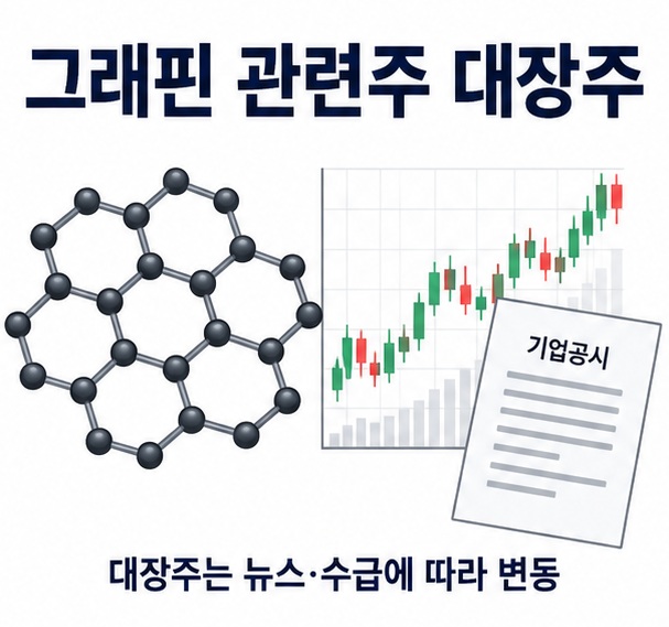 그래핀 육각 격자와 주식 차트 기업 공시 문서를 배경으로 그래핀 관련주 대장주라는 글자가 중앙에 놓인 투자정보 인포그래픽
