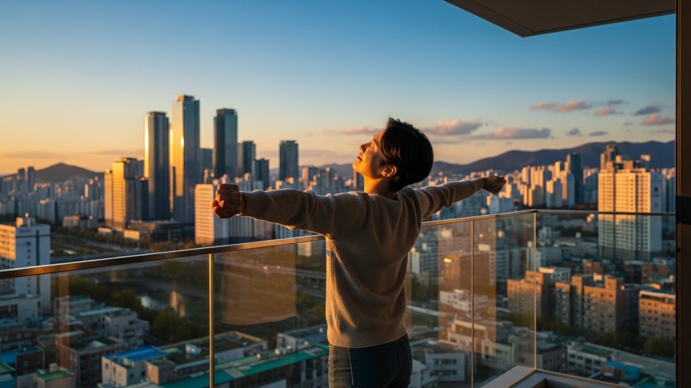 성공적인 시간 관리 후 노을을 보며 여유를 즐기는 모습