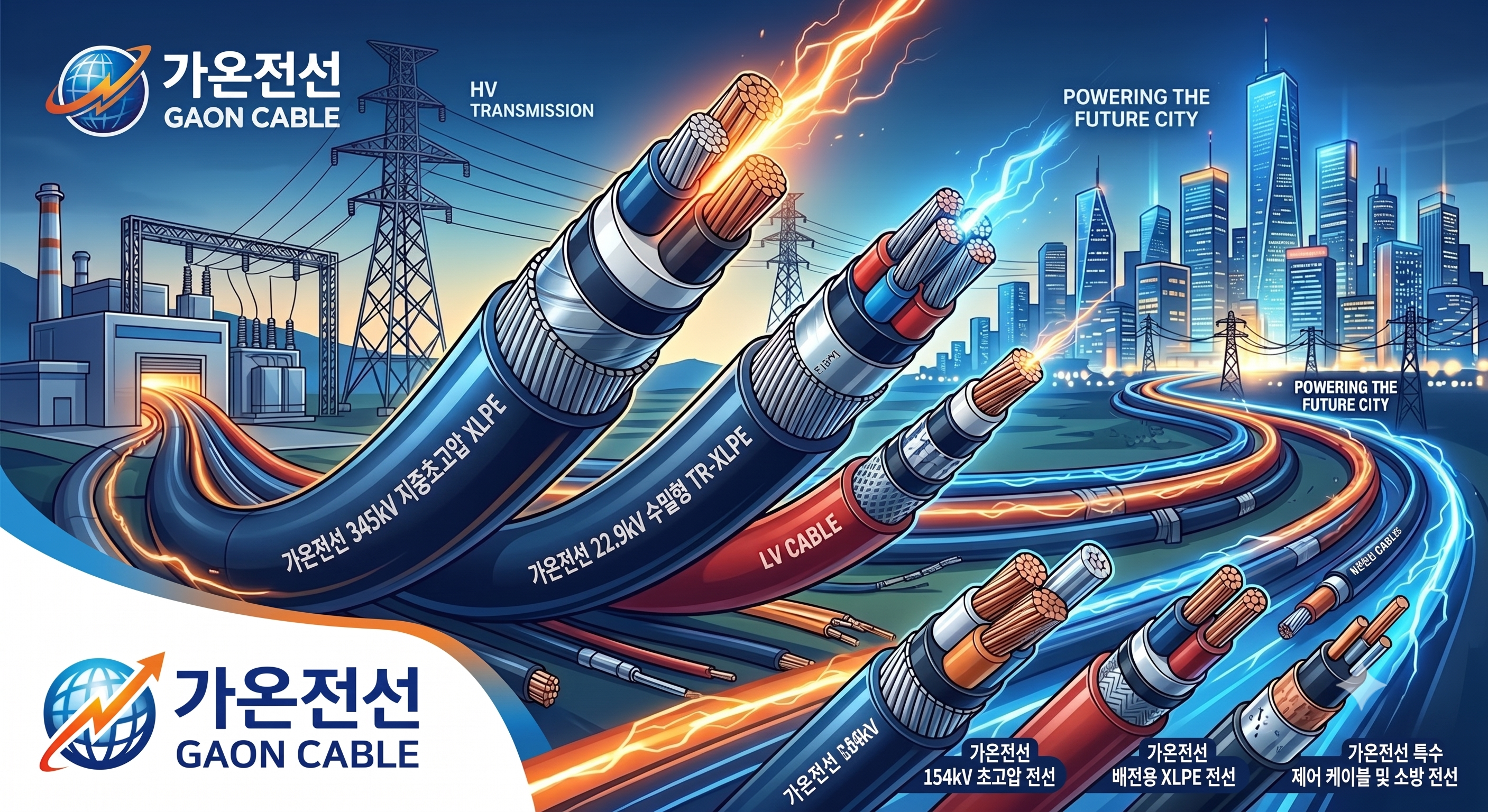 가온전선 초고압 전력 케이블 단면 및 인프라 수출 주력 제품 일러스트