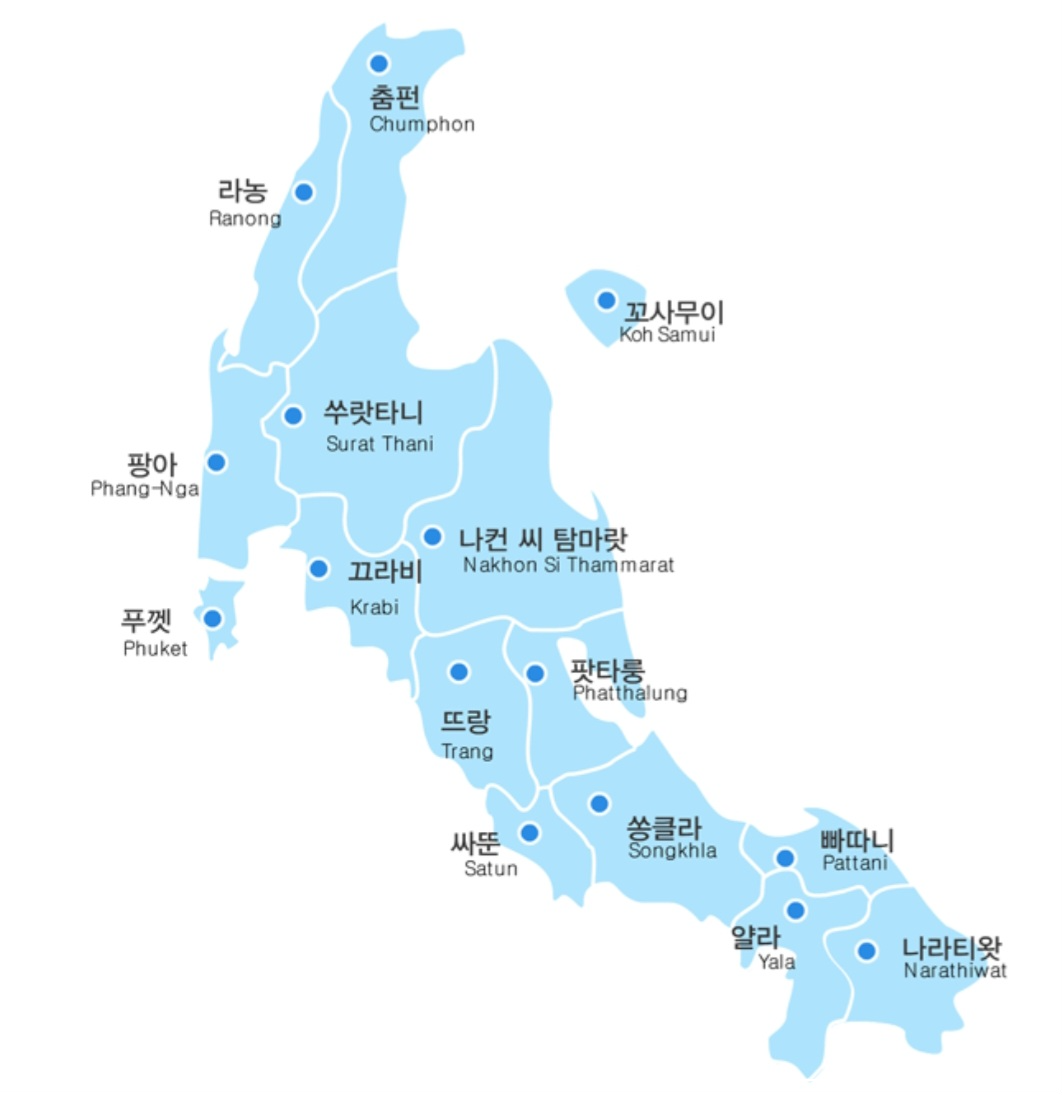 끄라비 - 태국 남부지역의 지도 이미지 사진입니다.