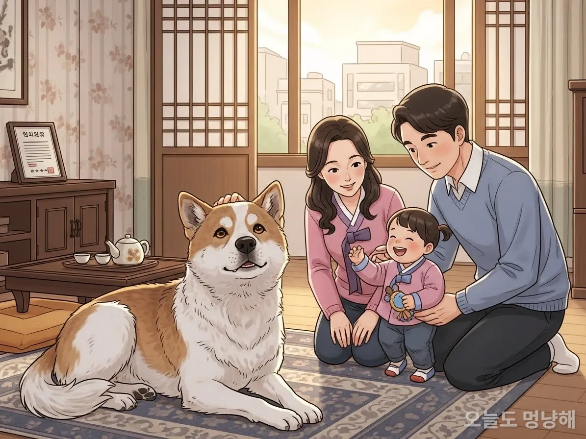 개 식용 종식법 시행과 함께 한국 가정의 따뜻한 거실에서 새로운 가족을 맞이하는 유기견의 행복한 모습
