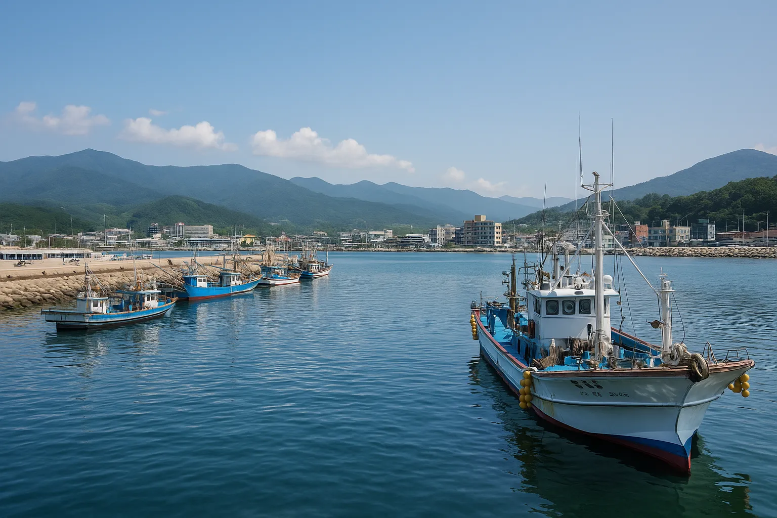 산을 배경으로 정박한 낚싯배들이 보이는 양양항 전경