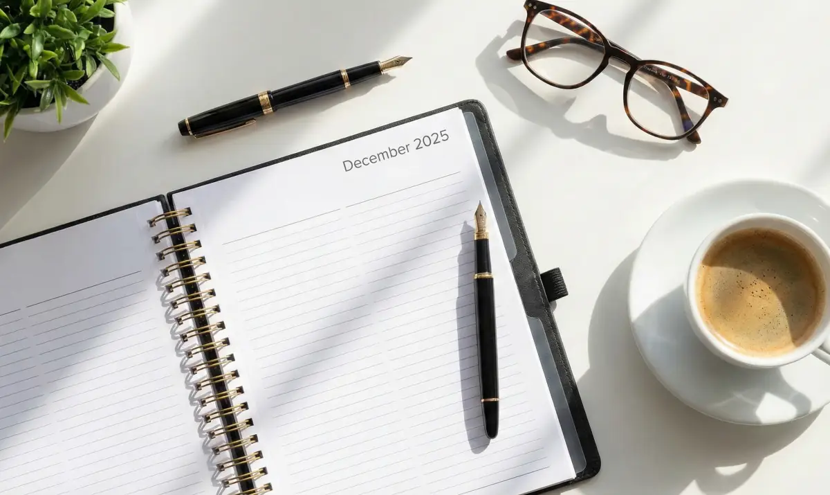 2025년 12월의 새로운 시작을 준비하는 다이어리와 따뜻한 커피가 있는 아침 풍경