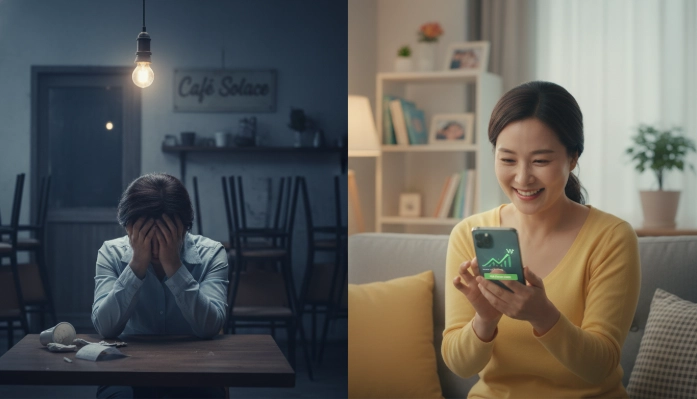 어려움을 겪는 소상공인과 긴급 지원금을 받아 활력을 되찾는 한국인 사업주의 모습을 대비한 이미지.