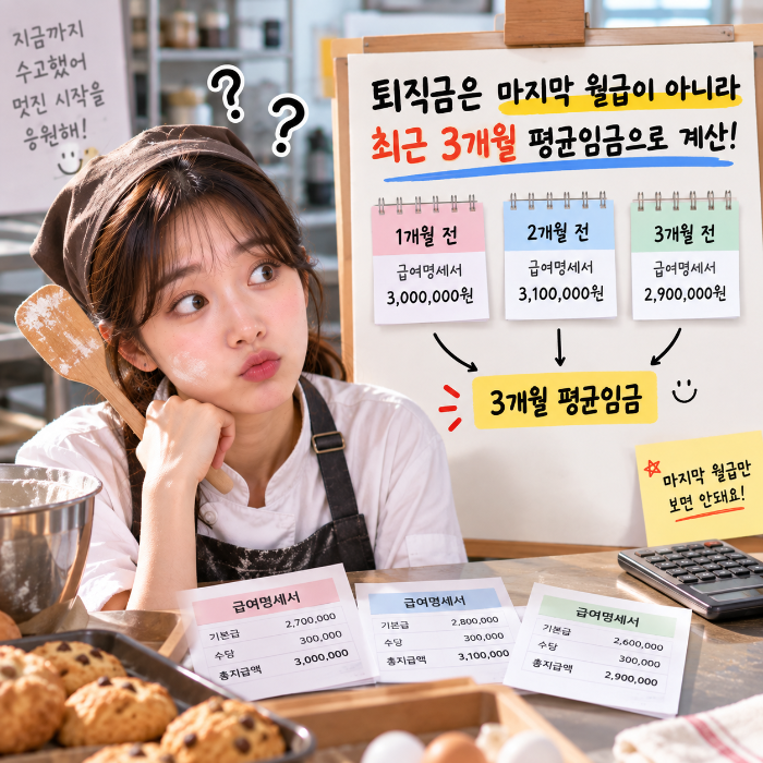 퇴직금을 마지막 월급만으로 계산하지 않고 퇴직 전 최근 3개월 급여를 기준으로 평균임금을 계산하는 과정을 보여주는 이미지
