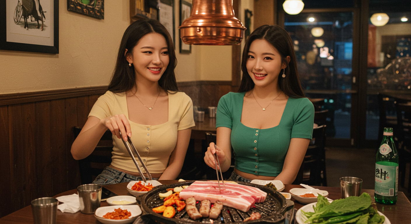 삼겹살을 구워먹는 두 여자