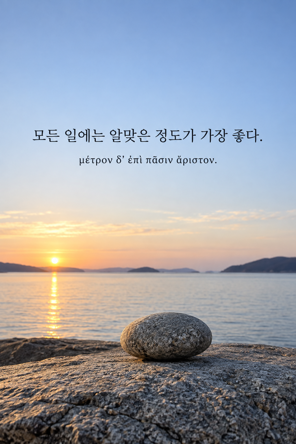 모든 일에는 알맞은 정도가 가장 좋다. 물가의 넓은 바위 위 둥근 돌 배경에 한국어와 그리스어 원문을 담은 피타고라스 학파 명언 이미지