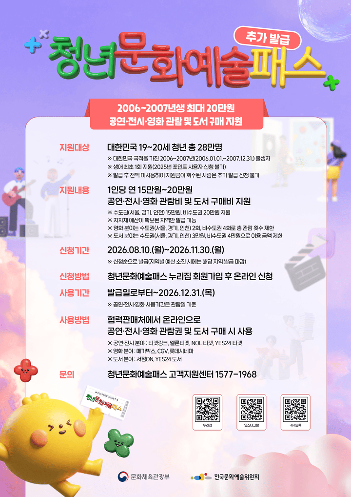 청년문화예술패스 추가 발급 시작…공연·전시·영화에 이어 도서까지 지원 확대