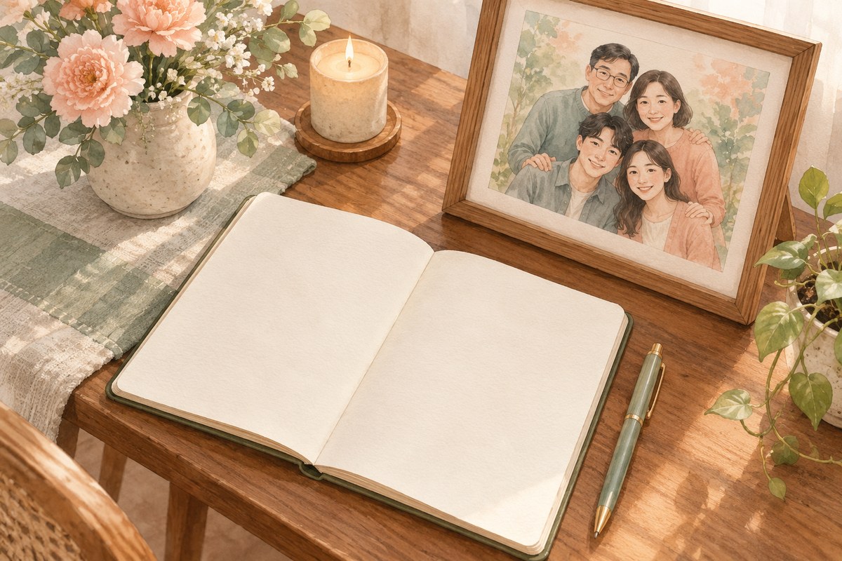 가족 그림 곁에 펼친 기도노트와 펜