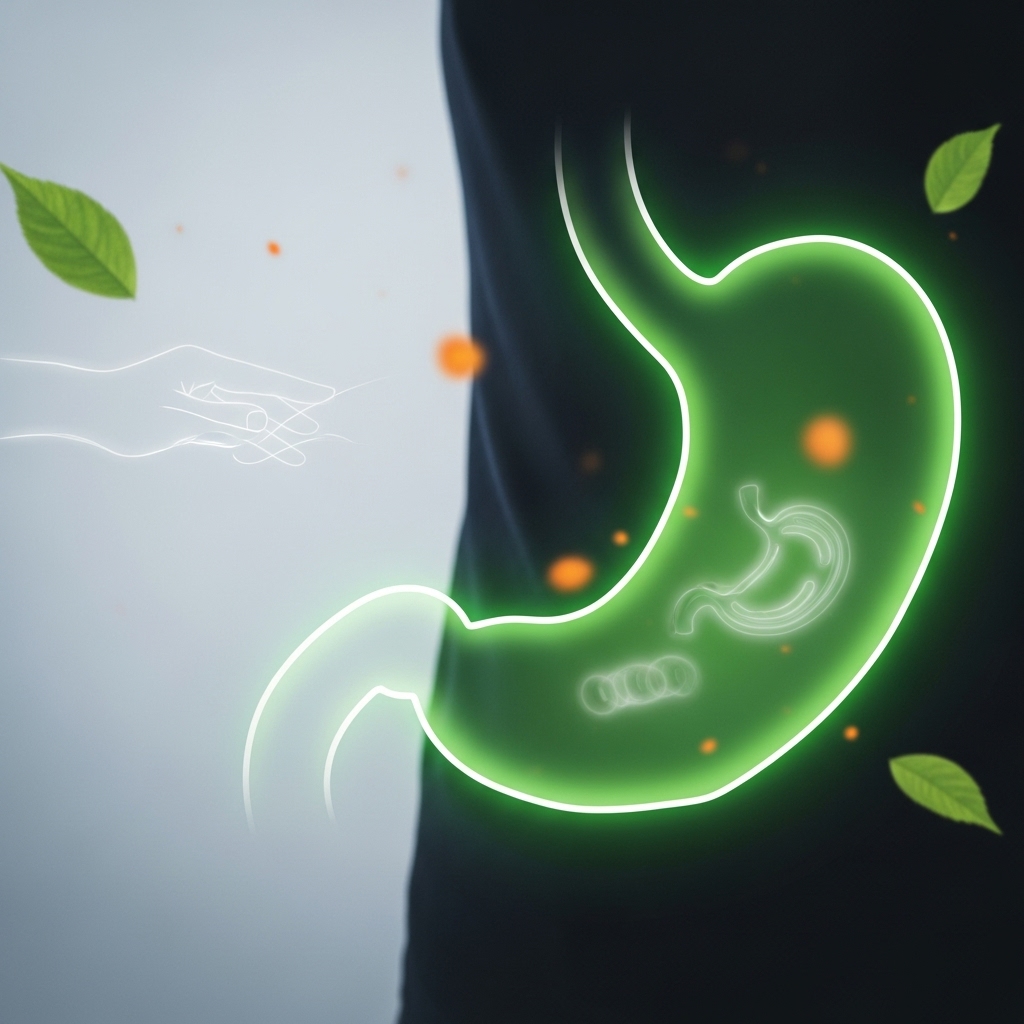 초록색 빛이 감도는 위 부위와 미묘한 건강 이상 신호가 은은하게 표현된 이미지. 건강한 위를 지키기 위한 조기 발견의 중요성을 나타내며, 의료진의 손길과 따뜻한 희망을 담고 있습니다.