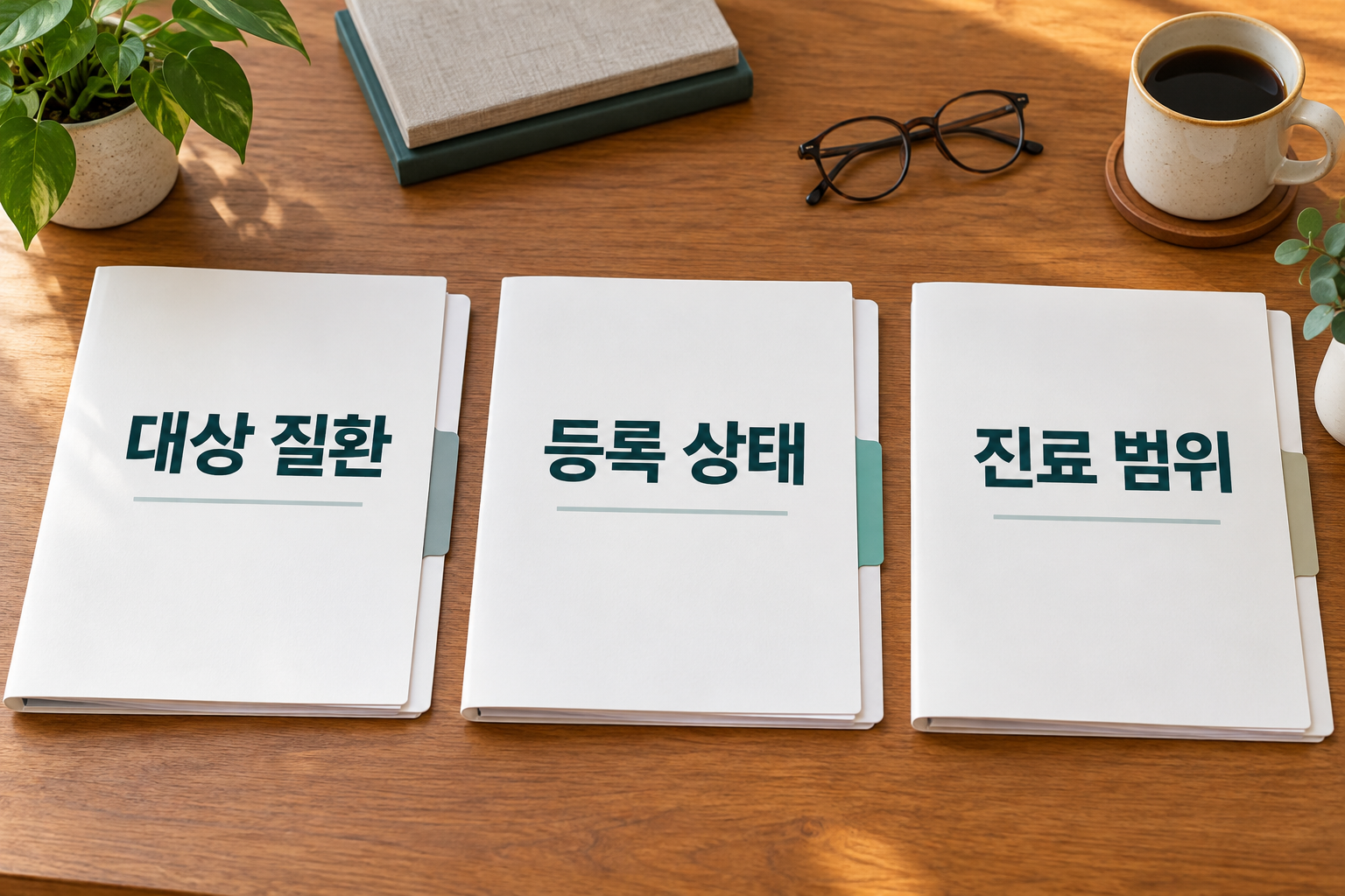 대상 질환&middot;등록 상태&middot;진료 범위라는 제목을 각각 붙인 세 서류철