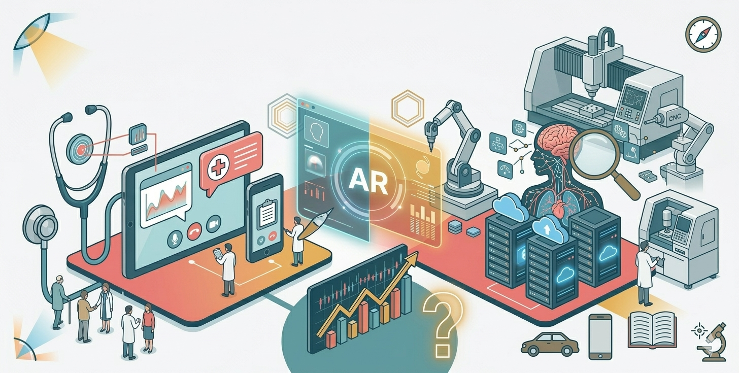비대면 진료와 AI 의료 시스템을 상징하는 청진기와 태블릿 PC, 그리고 상승하는 주가 그래프가 어우러진 전문적인 인포그래픽 이미지