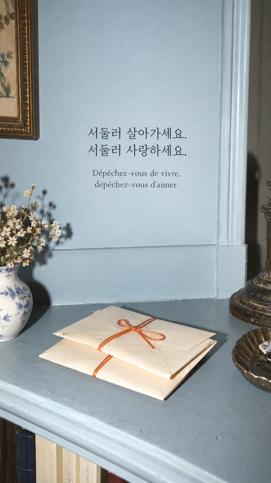 주황 실로 묶은 편지 봉투 배경에 담은 기욤 뮈소의 말: 서둘러 살아가세요. 서둘러 사랑하세요.