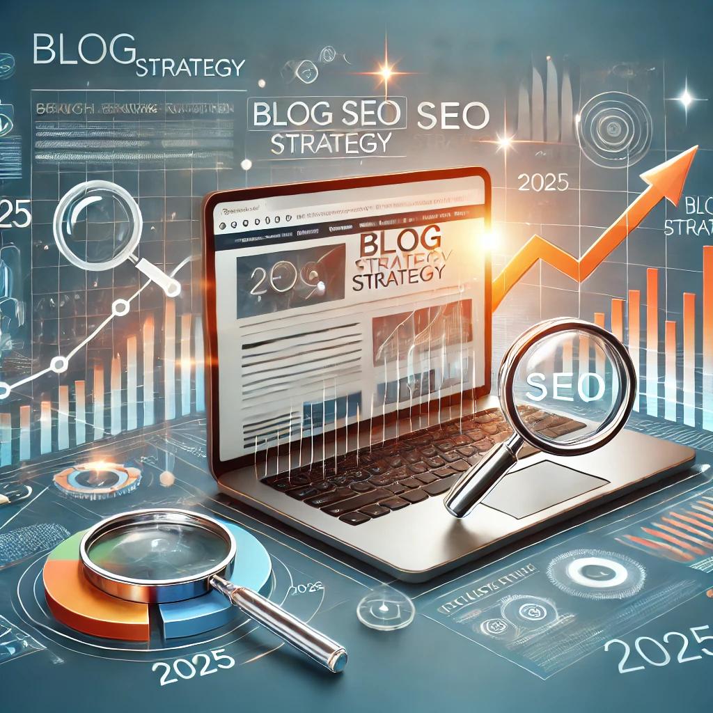 노트북 화면에 'BLOG STRATEGY' 라는 문구가 적혀 있다