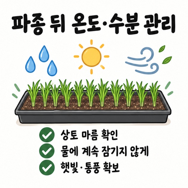 파종한 모판의 온도와 수분, 햇빛과 통풍을 확인하며 모를 기르는 모습을 보여주는 관리 카드