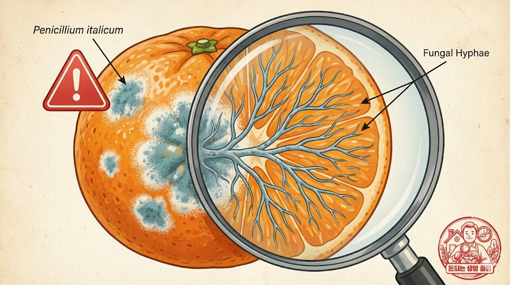 곰팡이가 있는 귤의 내부 속까지 모습을 관찰