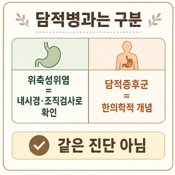 위축성위염은 내시경과 조직검사로 확인하는 의학적 진단이고 담적증후군은 한의학적 개념이라는 차이를 비교한 그림