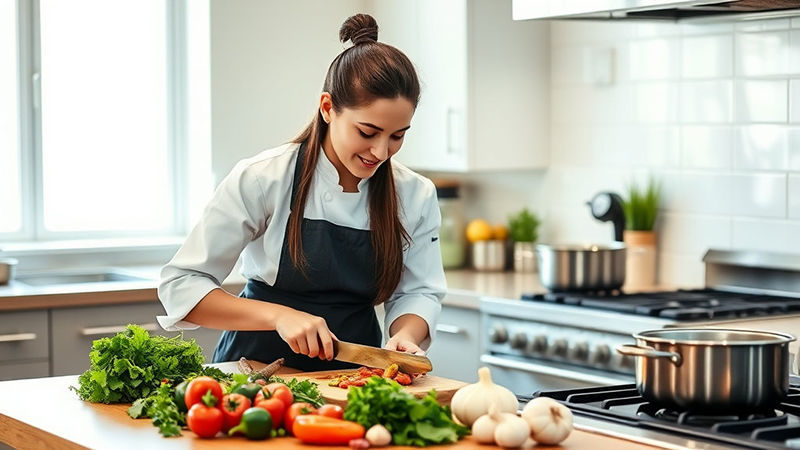 여자 쉐프가 요리하는 이미지