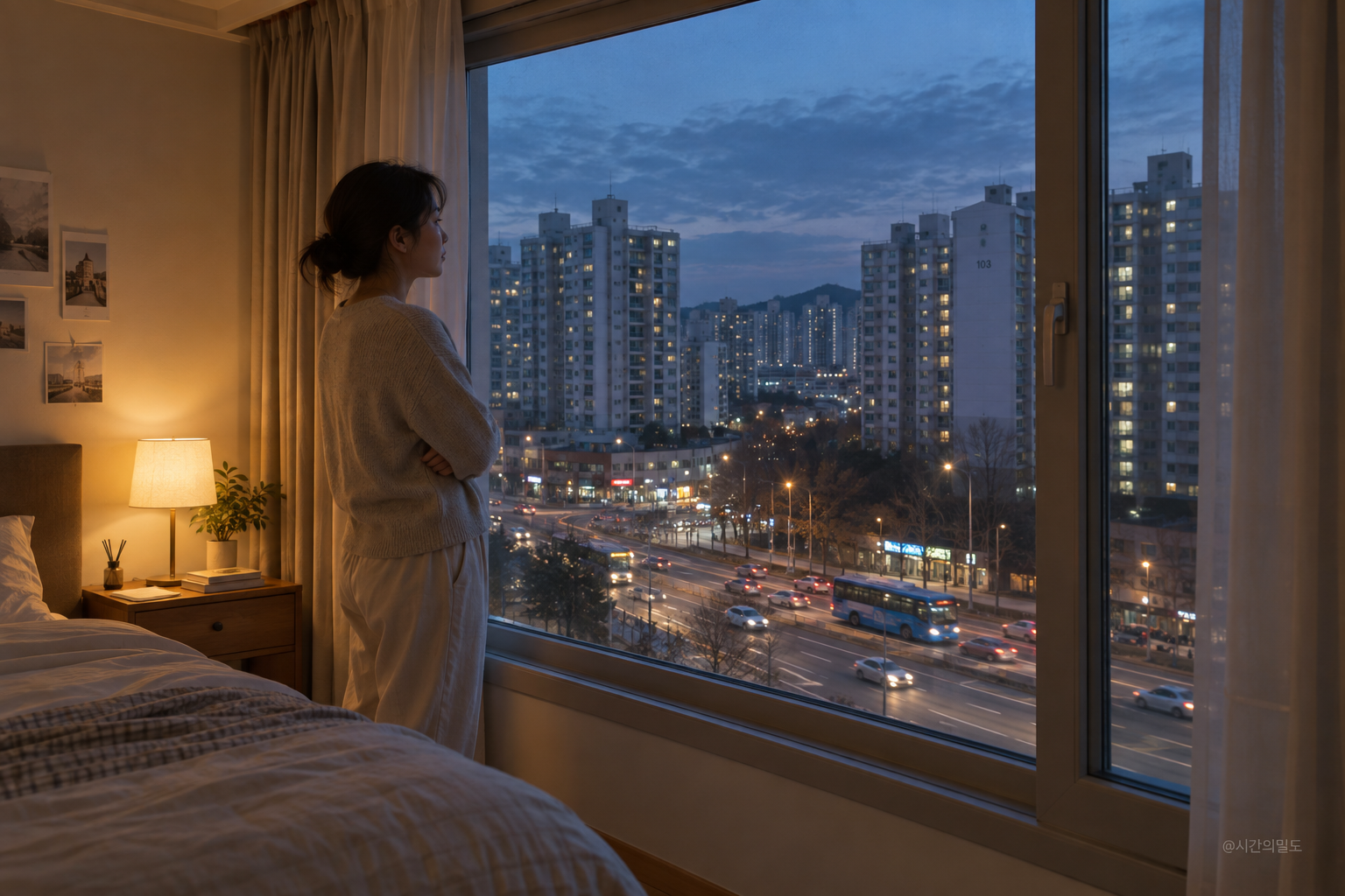 도로와 마주한 한국식 아파트 침실에서 창밖을 살펴보는 사람