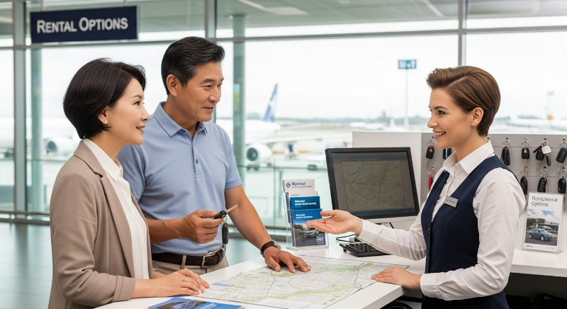 유럽 공항 렌터카 카운터에서 직원의 설명을 들으며 차량을 선택하는 50대 한국인 부부, 신중하게 여행을 준비하는 모습.