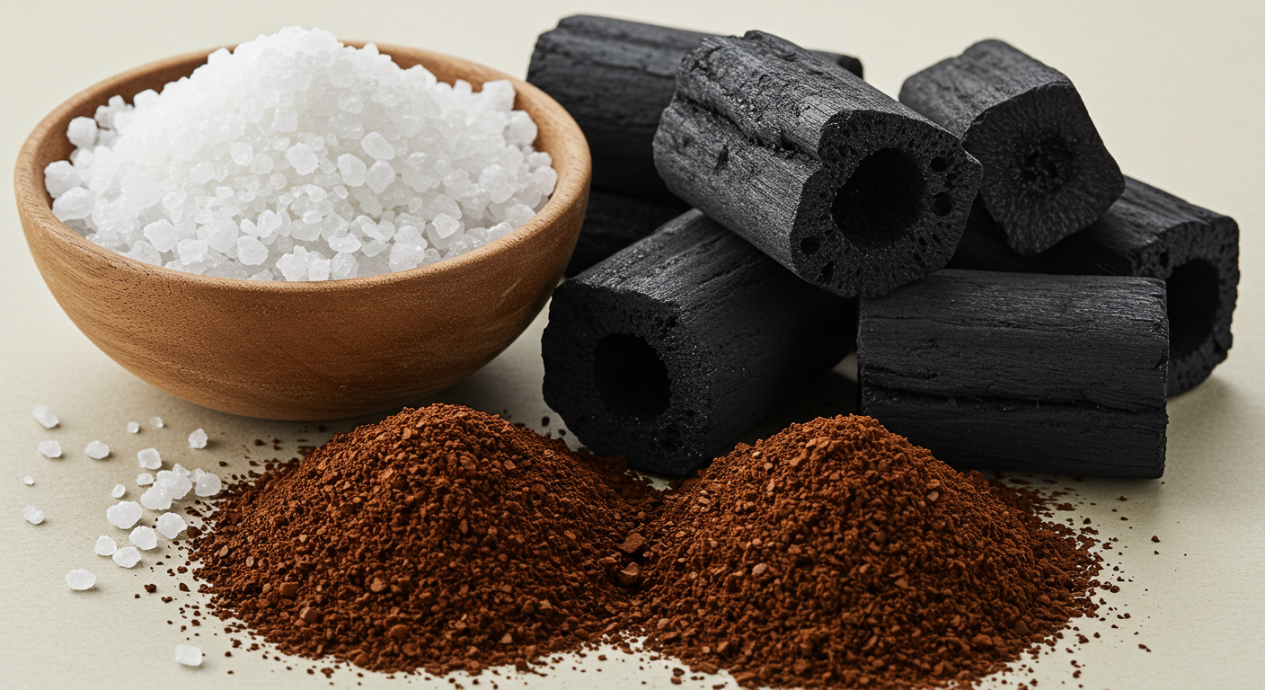천연 습기 제거제로 활용할 수 있는 소금, 숯, 커피찌꺼기