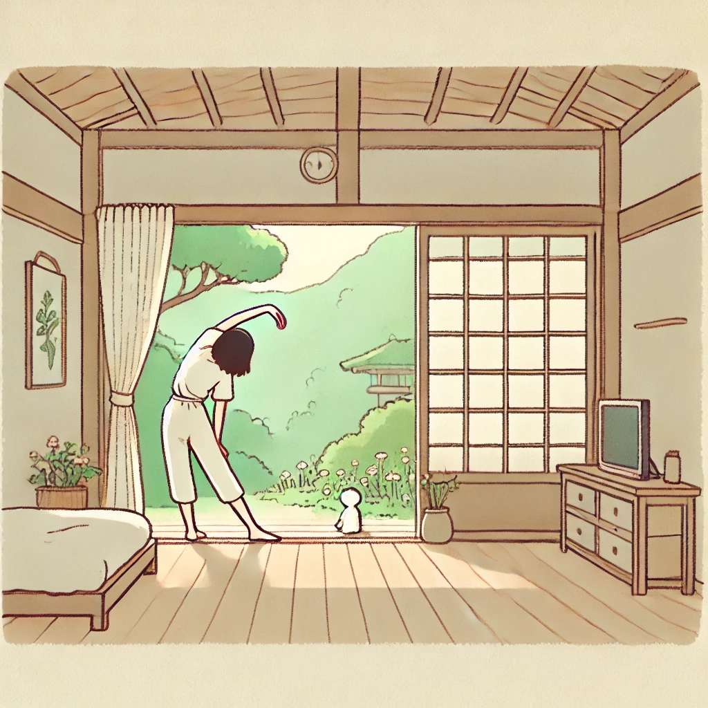 스트레칭하는 여자 창밖을 바라보며 서있다