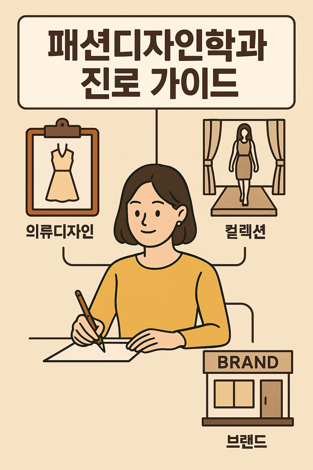 패션디자인학과 진로 가이드 포스터. 노란 옷을 입은 여학생이 디자인 스케치를 그리고 있으며, 위쪽에는 '의류디자인', '컬렉션', '브랜드' 세 분야가 아이콘으로 연결되어 있음