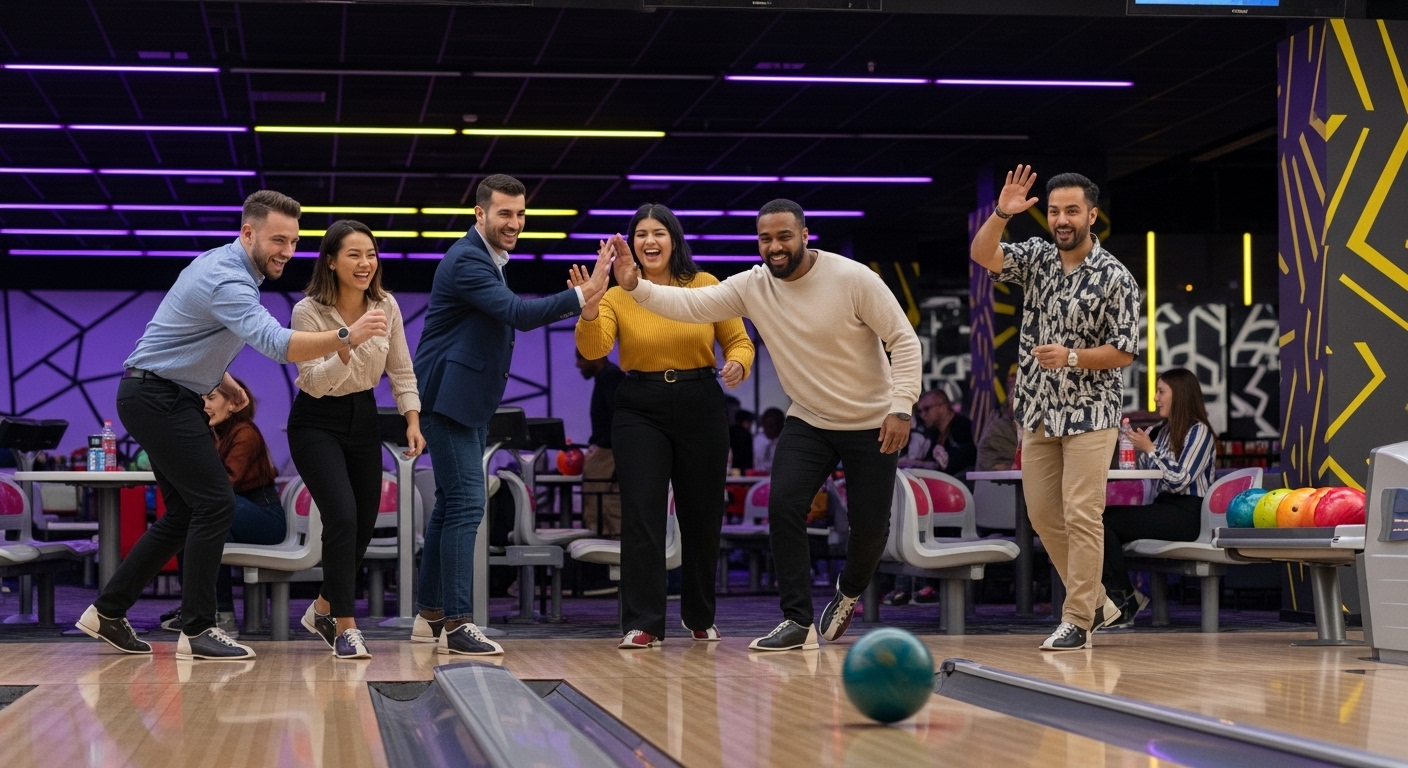 현대적인 볼링장에서 팀워크를 다지며 즐겁게 볼링을 치는 MZ세대 직장인들