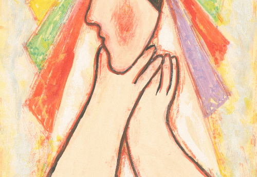 목을 손으로 감싸고 있는 여인의 일러스트