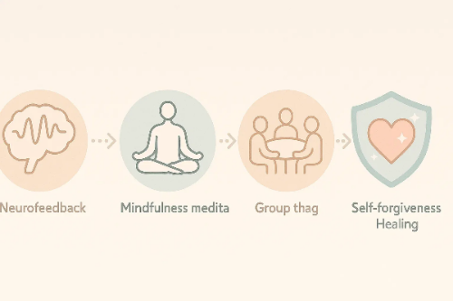 뉴로피드백, 마음챙김 명상, 집단 회복, 자기용서 치유의 단계를 보여주는 심플한 아이콘형 인포그래픽