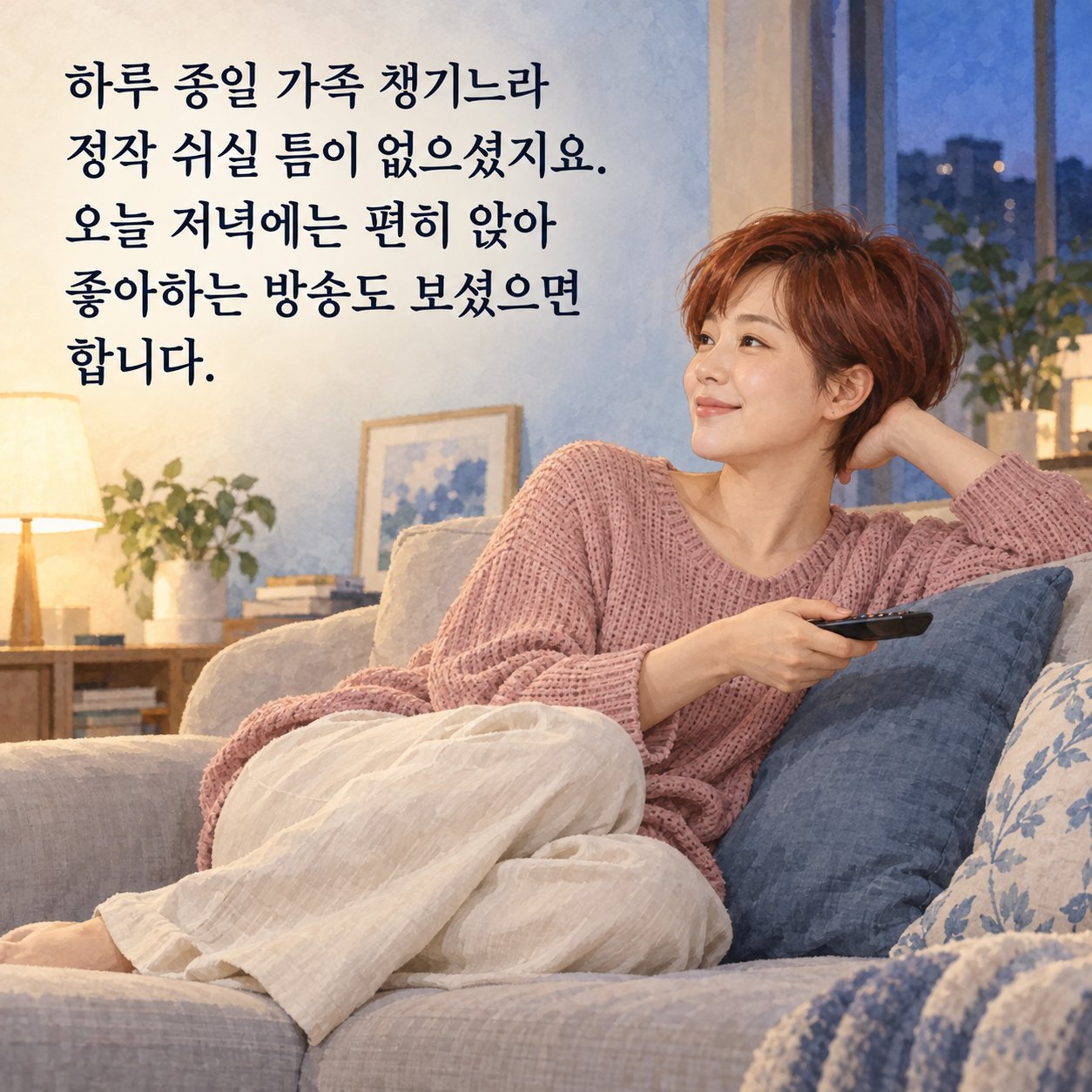 가족에게 보내는 따뜻한 저녁 인사 이미지 8 — 하루 종일 가족 챙기느라 정작 쉬실 틈이 없으셨지요. 오늘 저녁에는 편히 앉아 좋아하는 방송도 보셨으면 합니다.