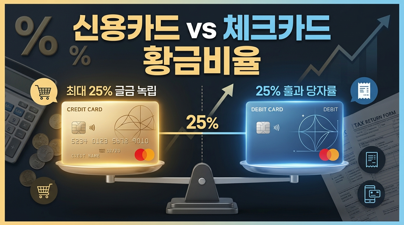 신용카드와 체크카드의 소득공제율 차이와 총급여 25% 기준선을 활용한 황금비율 전략을 보여주는 월급연구원 분석 차트
