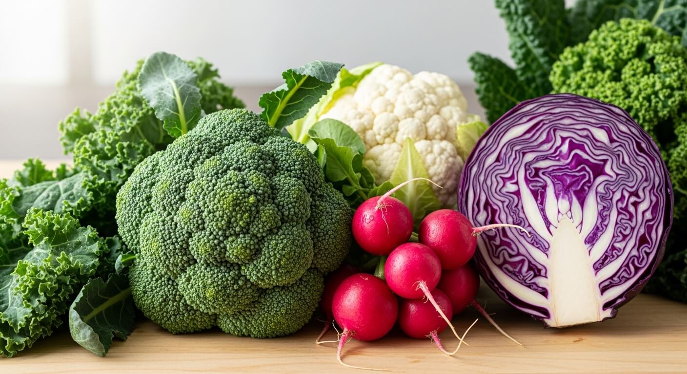 브로콜리, 적양배추, 케일, 래디시, 콜리플라워 십자화과 채소들이 배치된 신선한 식재료 이미지