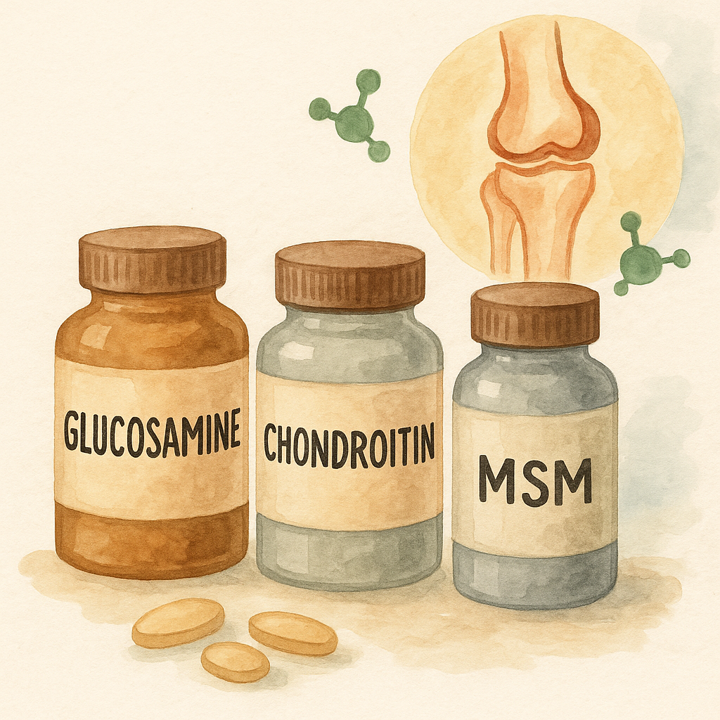 관절 건강에 도움을 주는 글루코사민, 콘드로이틴, MSM이 있다.