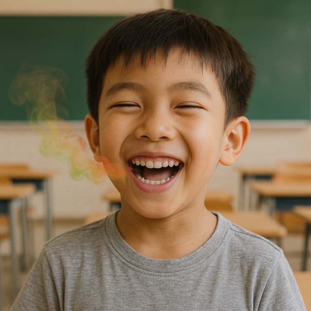 학교에서 초등학생 남자아이가 입에서 입냄새를 내뿜는 모습(출처: 자체제작)